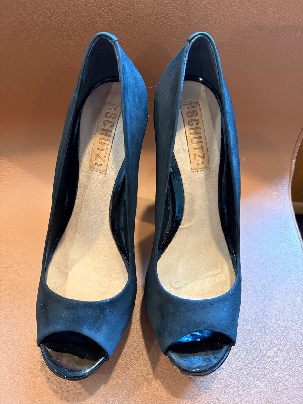 SCHUTZ Black Peep-Toe Suede Heels